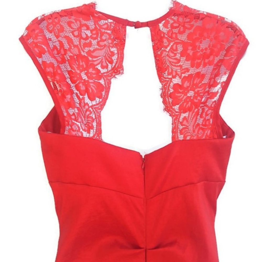 Red Hot Gown Cindy USA Body Con Lace Flare Mermaid Peplum Stretch Vintage XL - Picture 4 of 6